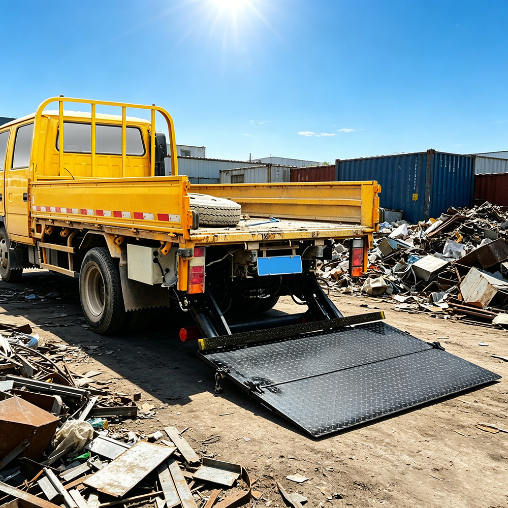 Folding hydraulic tail lift stowed position on waste management truck
