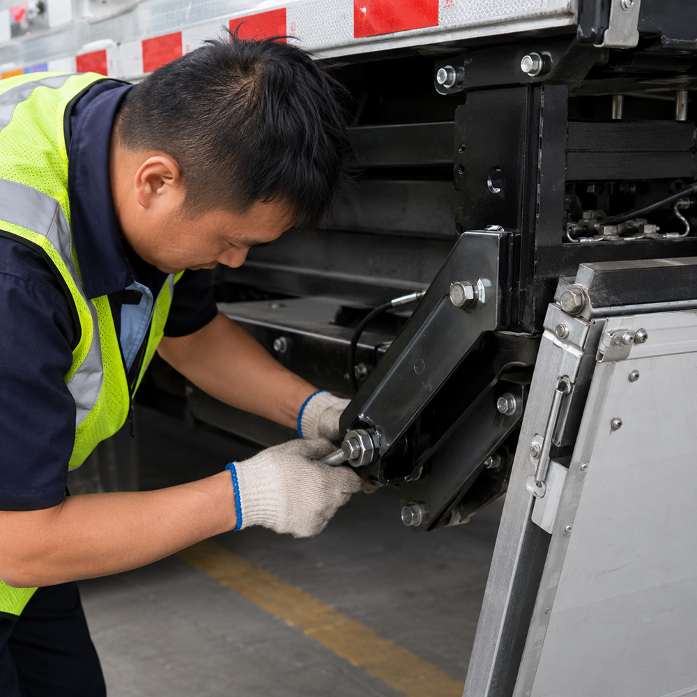 Hydraulic tail lift installation on waste management truck chassis
