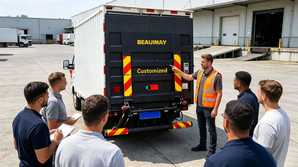 fleet manager conducting tail lift safety training session for drivers