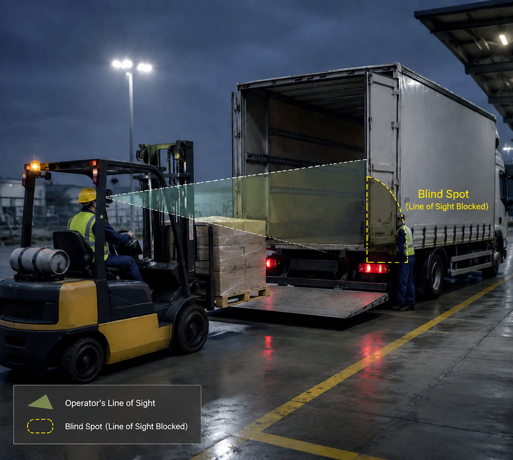 Forklift operator loading a pallet near a truck's blind corner during blind-side loading
