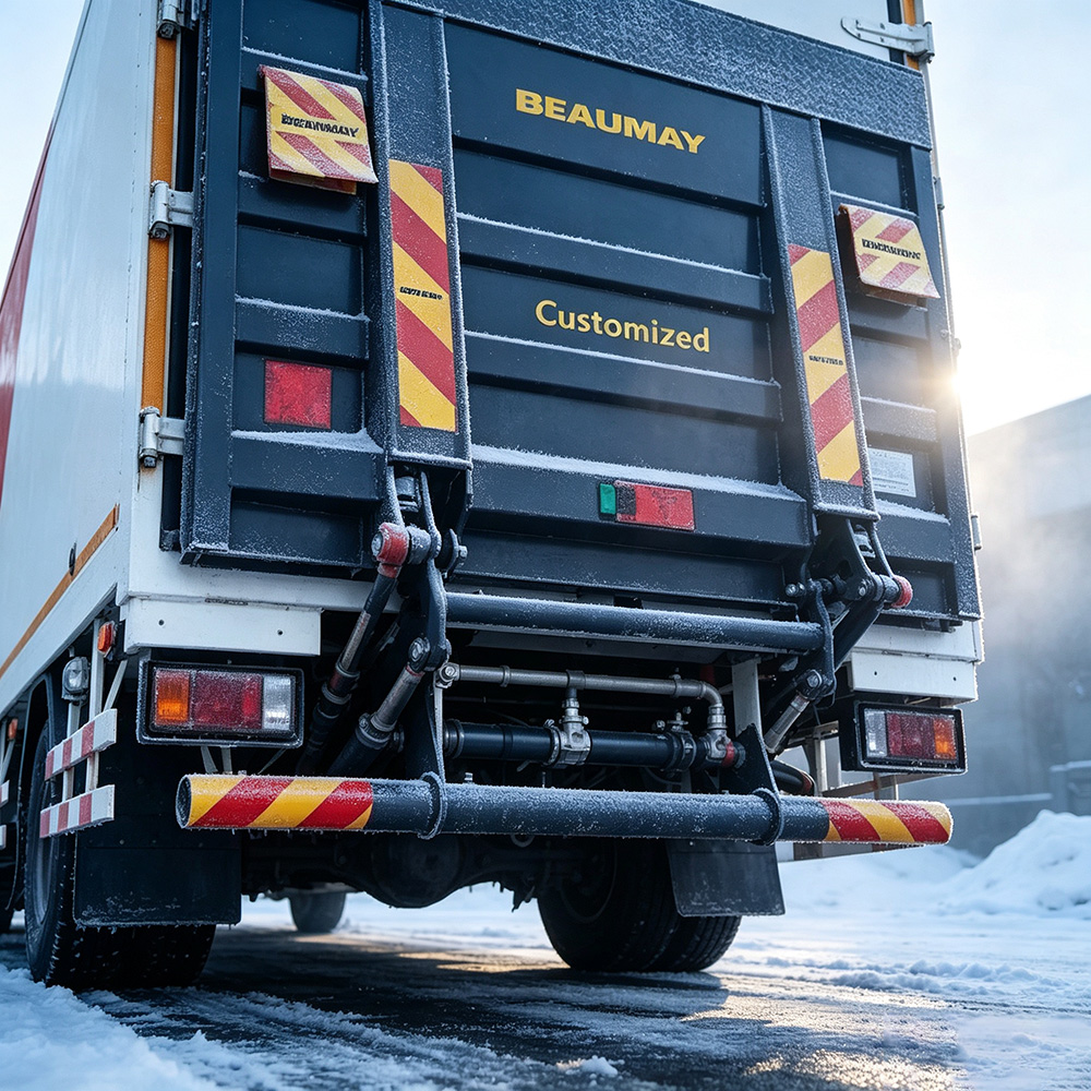 Frost buildup on hydraulic tail lift cylinders and oil lines in cold weather