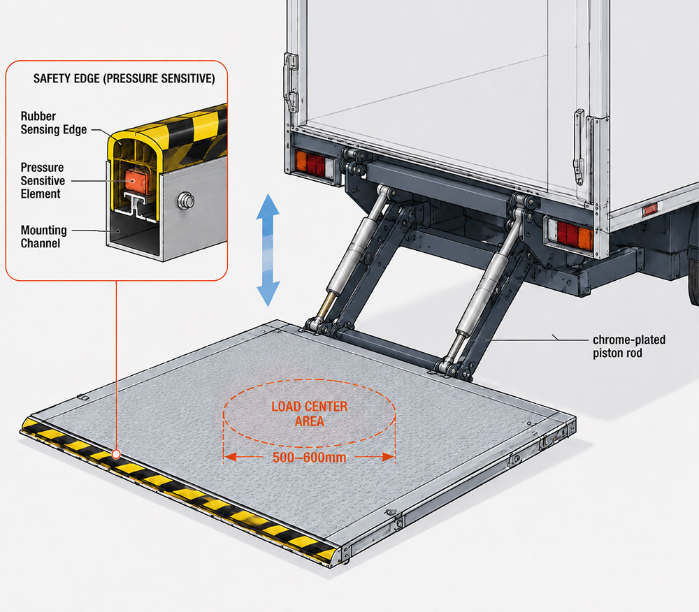 Hydraulic tail lift platform with safety edge that stops descent when it senses an obstruction
