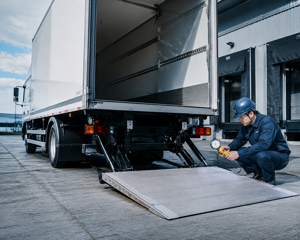 Technician inspecting hydraulic tail lift truck pressure with a gauge at a loading dock
