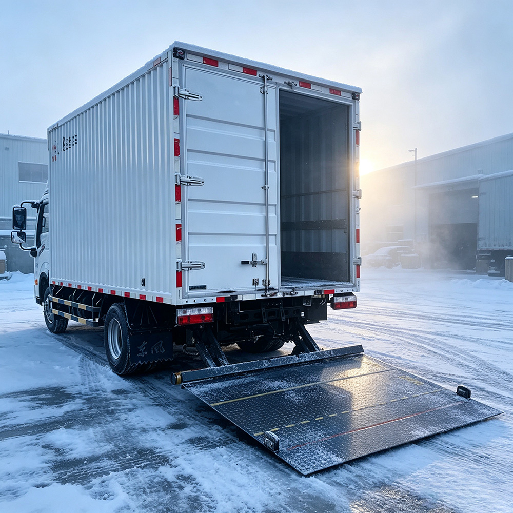 Truck with hydraulic tail lift ramp deployed in snowy conditions