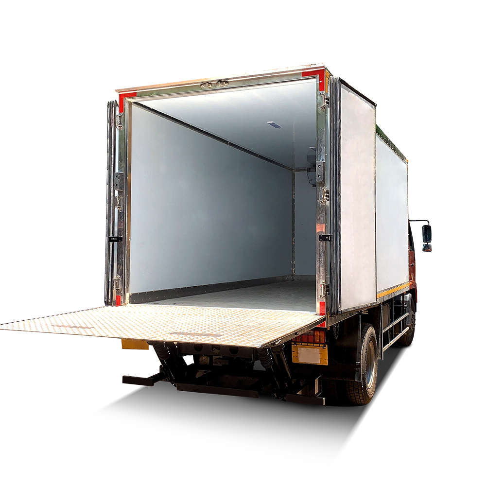 Three section bumper tail lift lowered and open for loading

