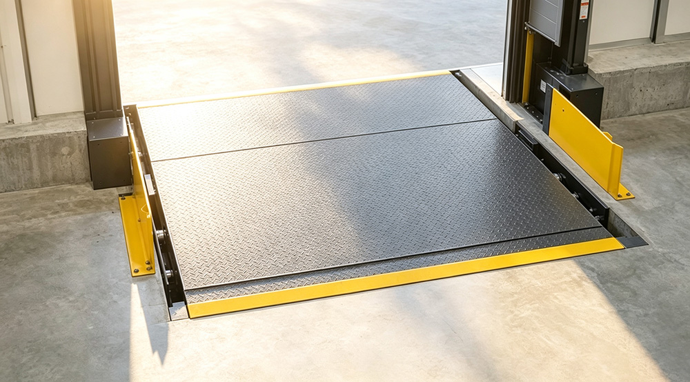 Diamond tread steel deck plate on a dock leveler showing anti-slip pattern