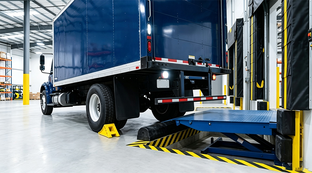 Hydraulic dock leveler installed at a warehouse loading dock with truck backed in