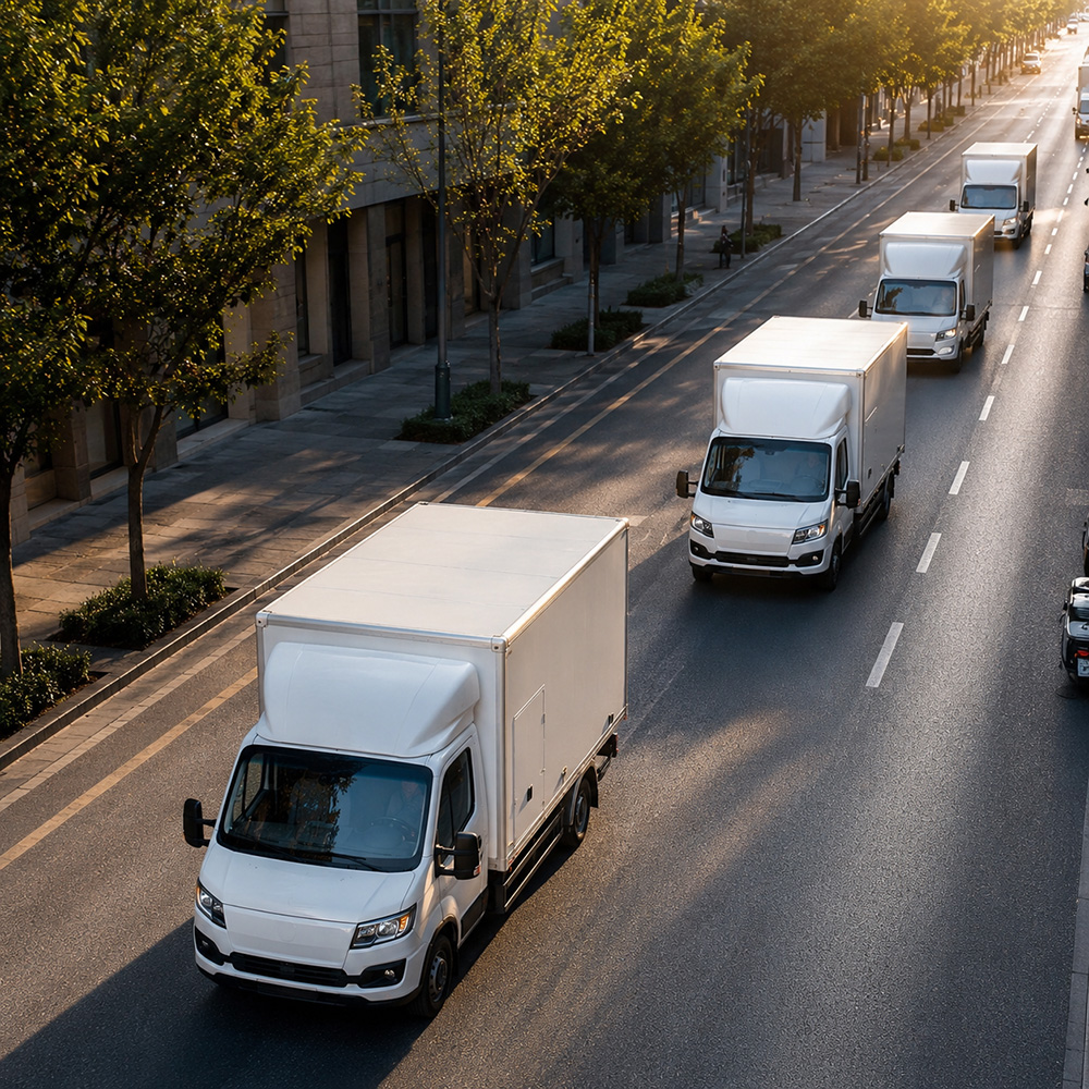 Fleet of electric delivery vans on an urban route, each fitted with a van liftgate
