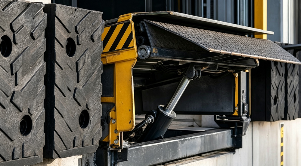 Closeup of hydraulic cylinder and valve components on a dock leveler