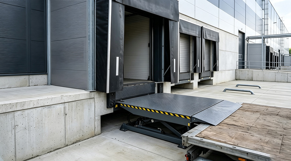 Hydraulic dock leveler deployed at a warehouse loading dock bay