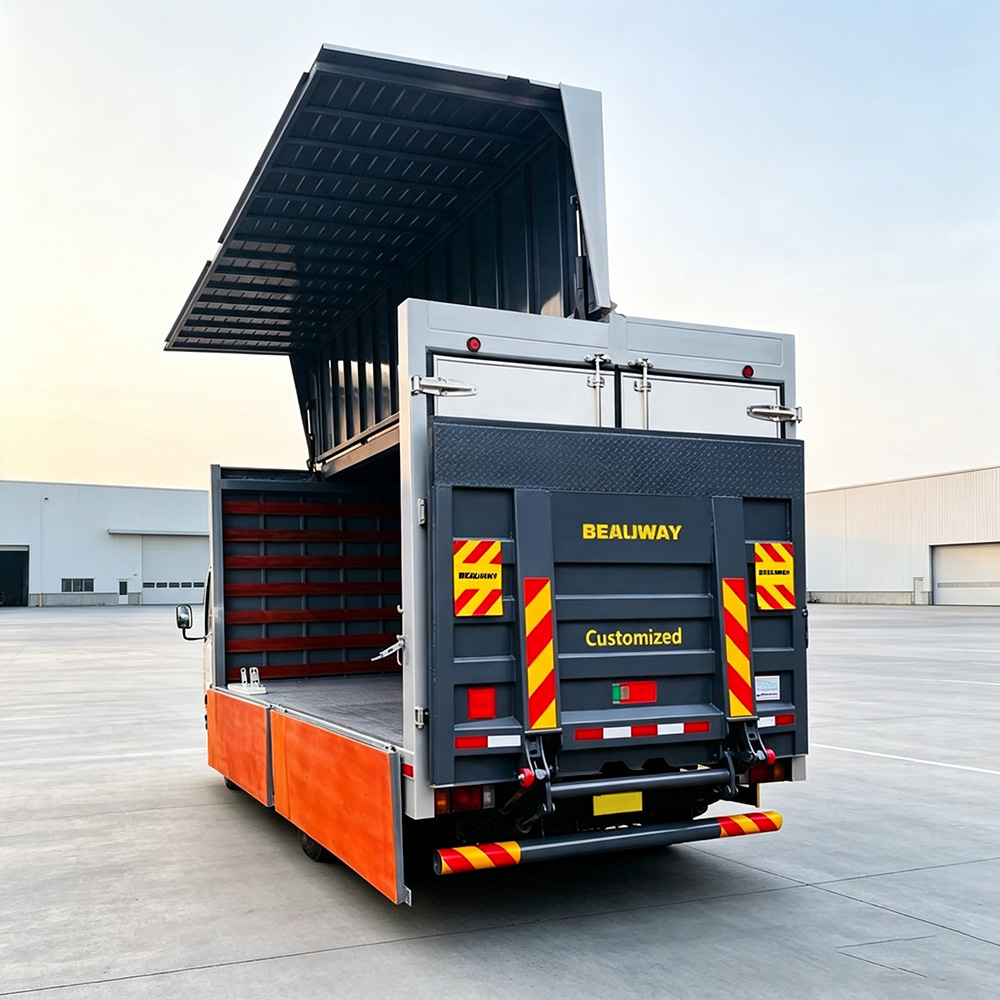 Double wing van truck with full canopy-style wing panel raised over flatbed