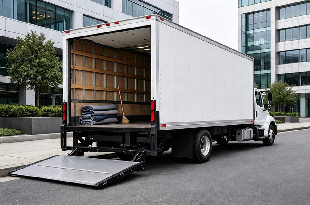 Box truck liftgate platform lowered to the ground for loading