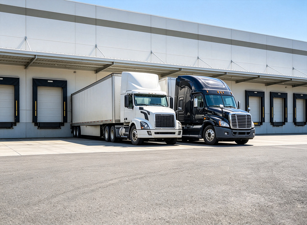 Semi trucks parked at a loading dock, illustrating semi truck liftgate safety risks