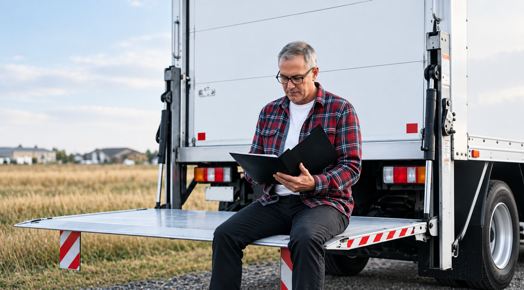 Driver reviewing tail lift maintenance log before scheduling a fluid change