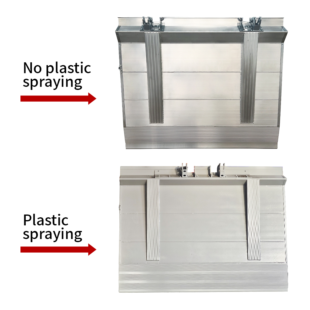 Close-up comparison of an aluminum liftgate platform showing surface finishing and structural ribs