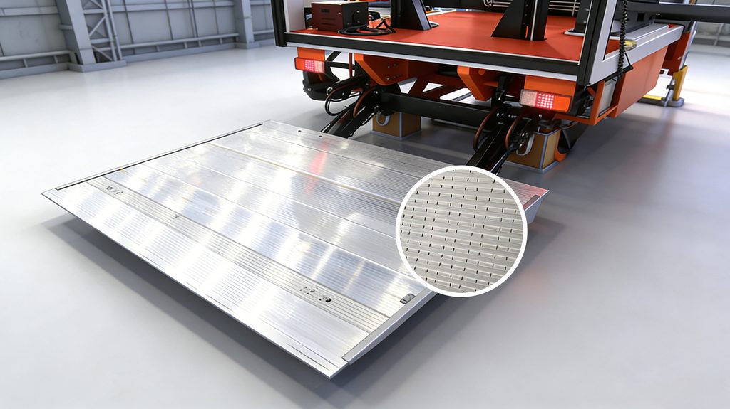 Milled aluminum tail lift platform edge finish close-up