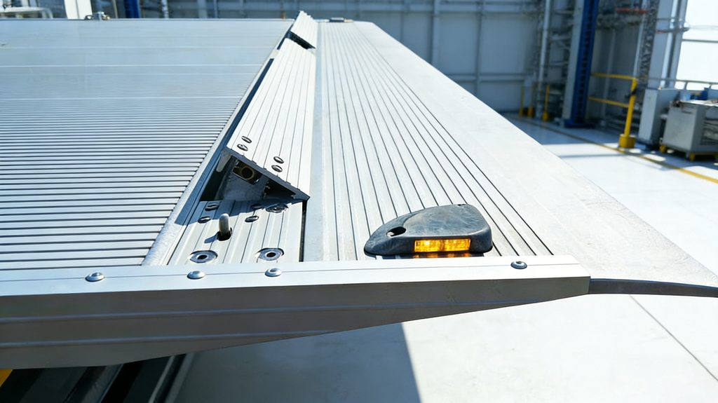 Close-up of an aluminum tail lift platform with a grooved non-slip surface, a raised edge flap and an amber warning light