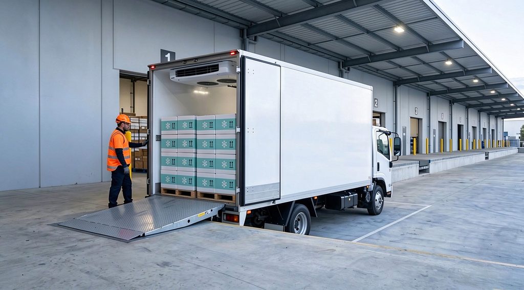 Worker using a tail lift to load refrigerated cold chain boxes at a warehouse dock