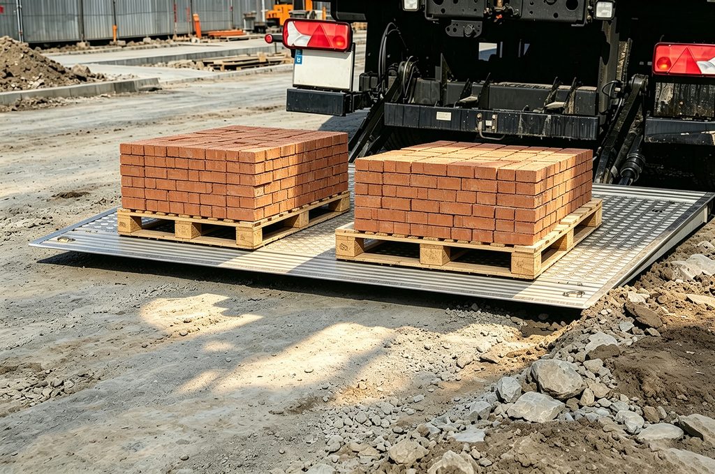 construction site tail lift lowering brick pallets to the ground