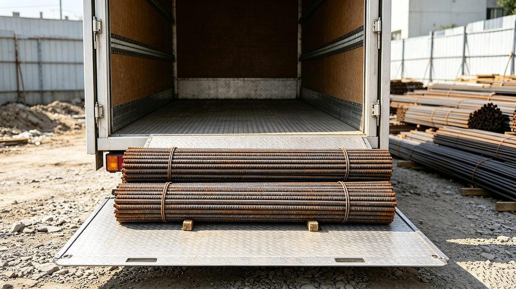 worker unloading rebar bundles with a construction site tail lift