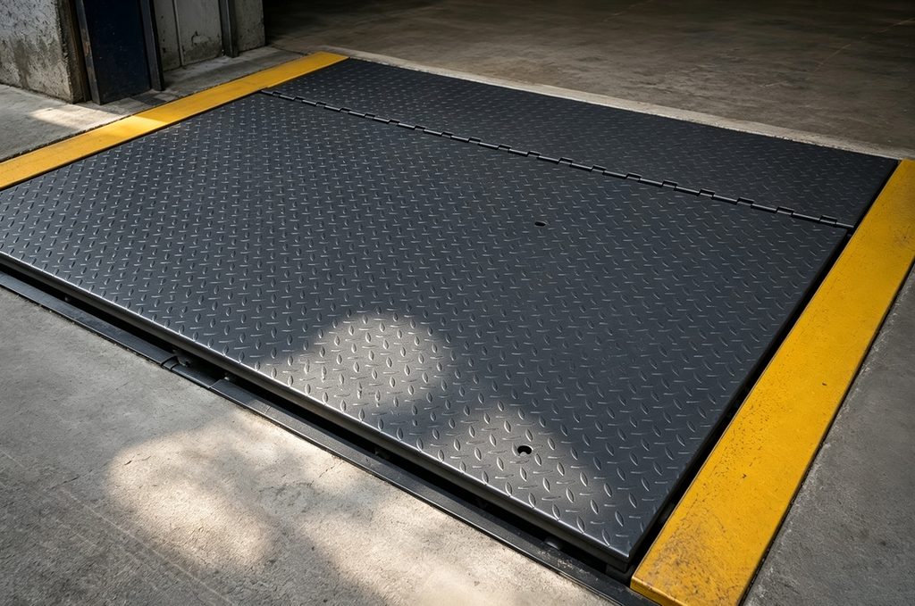 Close-up of a diamond-tread steel deck plate on a loading dock leveler, showing the checkered pattern and tongue plate seam