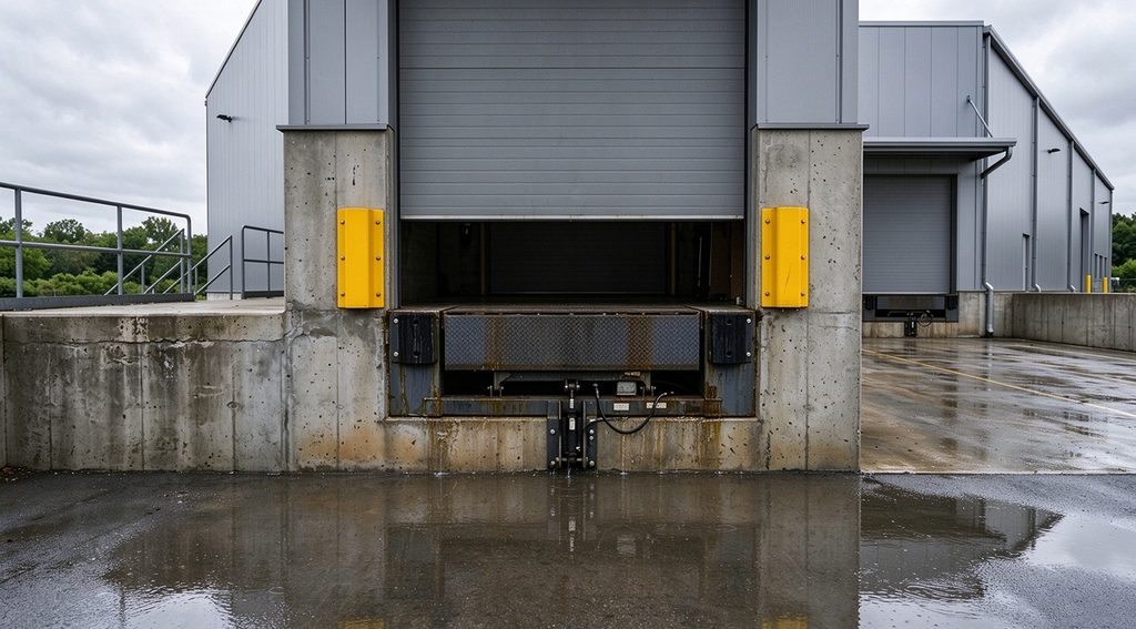 Rainwater pooling around a loading dock leveler, the runoff that dock leveler pit drainage has to handle