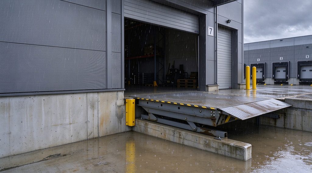Rust streaks and water stains on a dock leveler frame after rain