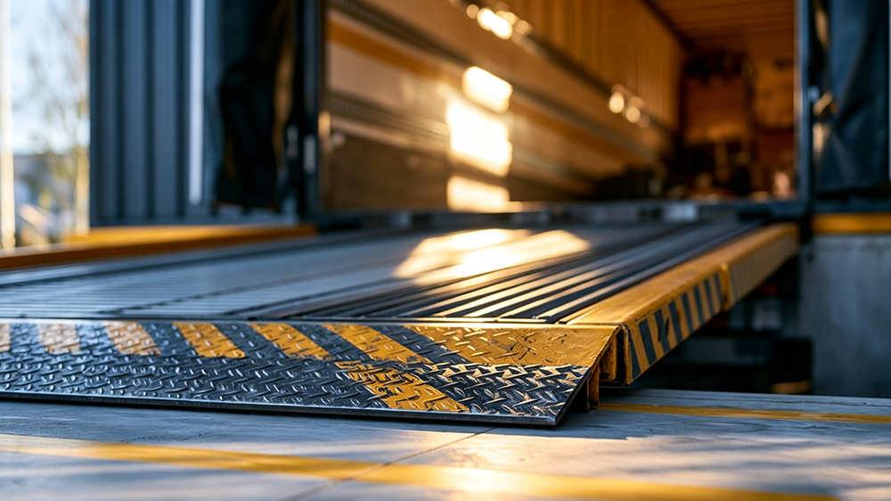 Close-up of a steel dock leveler platform bridging the gap between a warehouse floor and a truck bed