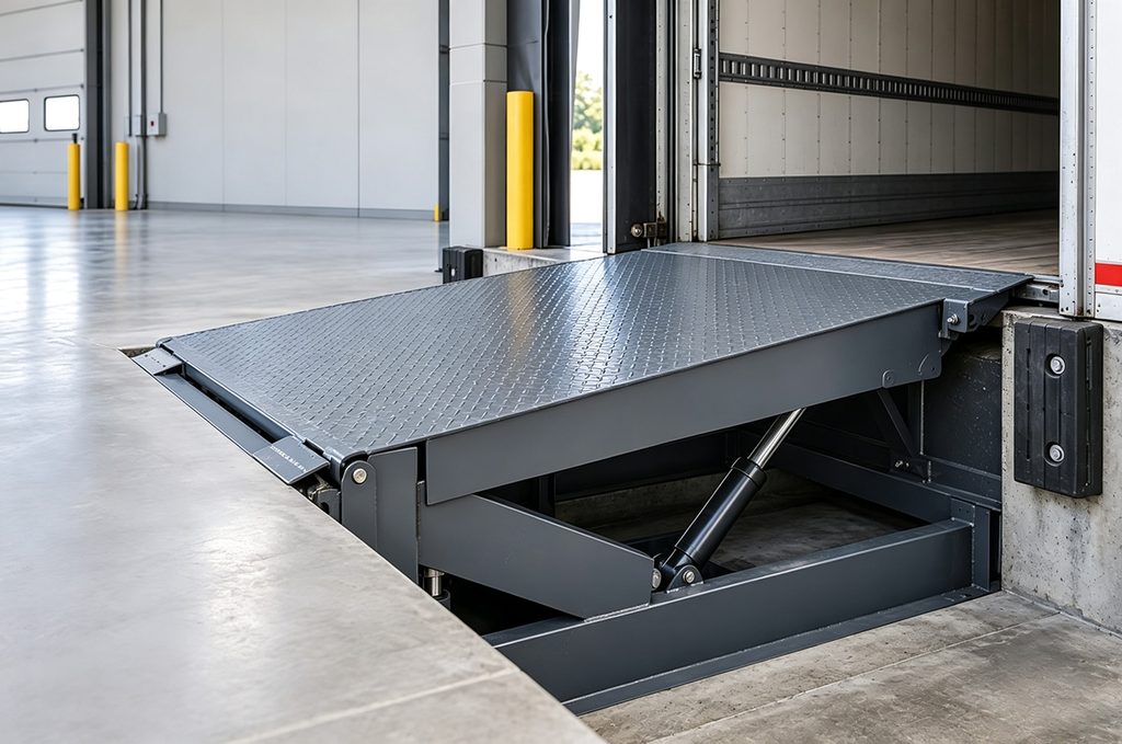 Close-up of a dock leveler frame, hinge, and hydraulic cylinder — checking for wear before a dock leveler replacement