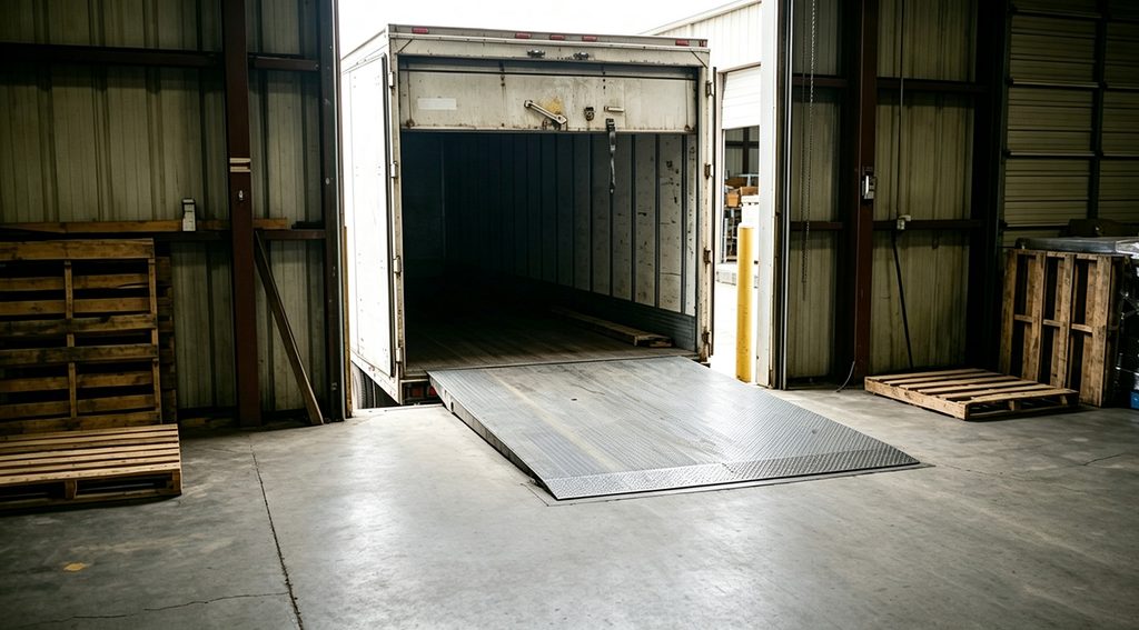 Truck backed into loading bay on a worn dock leveler — deciding on repair or dock leveler replacement