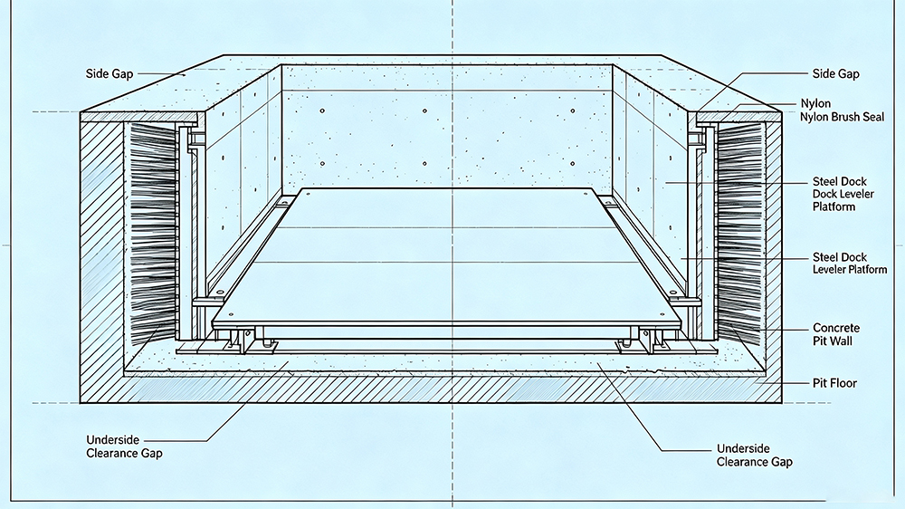 Cross-section diagram of a dock leveler pit showing side gap, underside clearance gap, and nylon brush seal placement