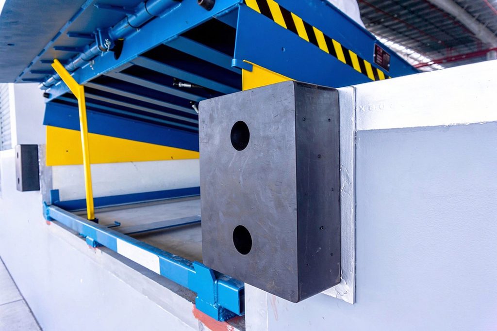Hydraulic dock leveler platform with a rubber dock bumper mounted at the door frame