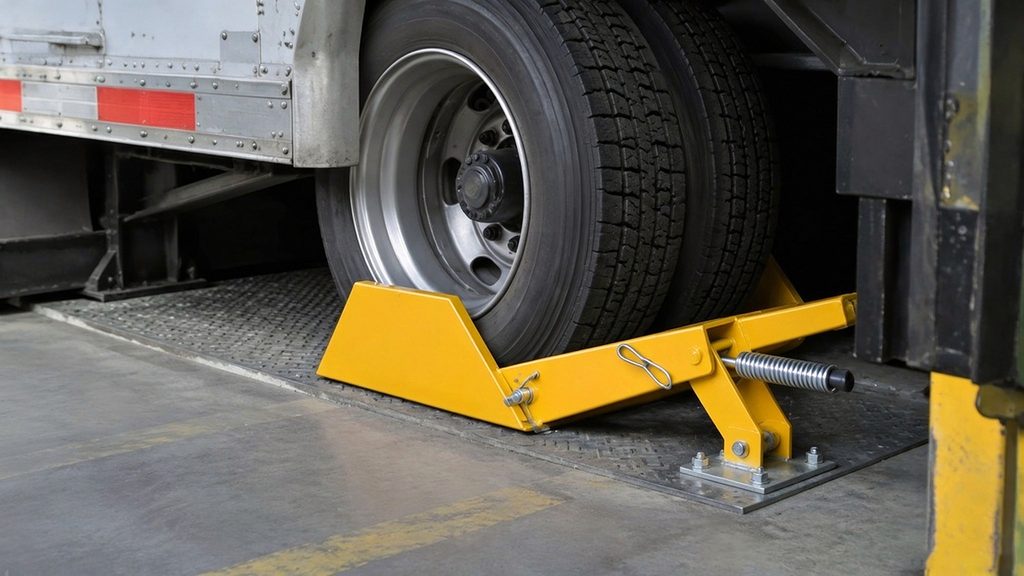 Yellow wheel-chock style truck restraint locked against a trailer tire at a loading dock