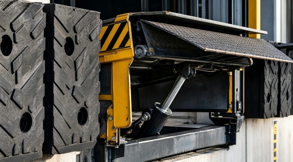 Row of loading dock bays with hydraulic dock levelers at a commercial warehouse