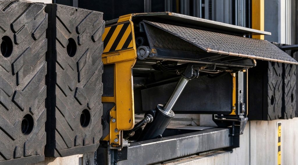 Close-up of a hydraulic dock leveler showing the heavy-duty hydraulic cylinder and sturdy steel lip for warehouse loading dock equipment.