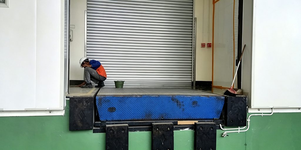 Maintenance worker inspecting a hydraulic dock leveler platform at a warehouse loading dock