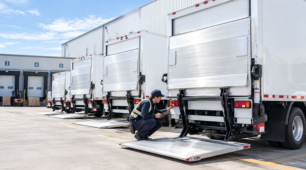 Technician inspecting hydraulic pump for tail lift systems at the loading dock