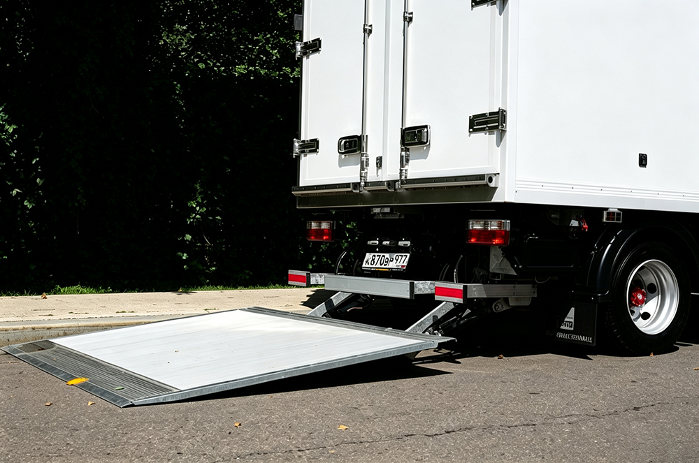 Hydraulic tail lift lowered to ground level on the back of a delivery truck