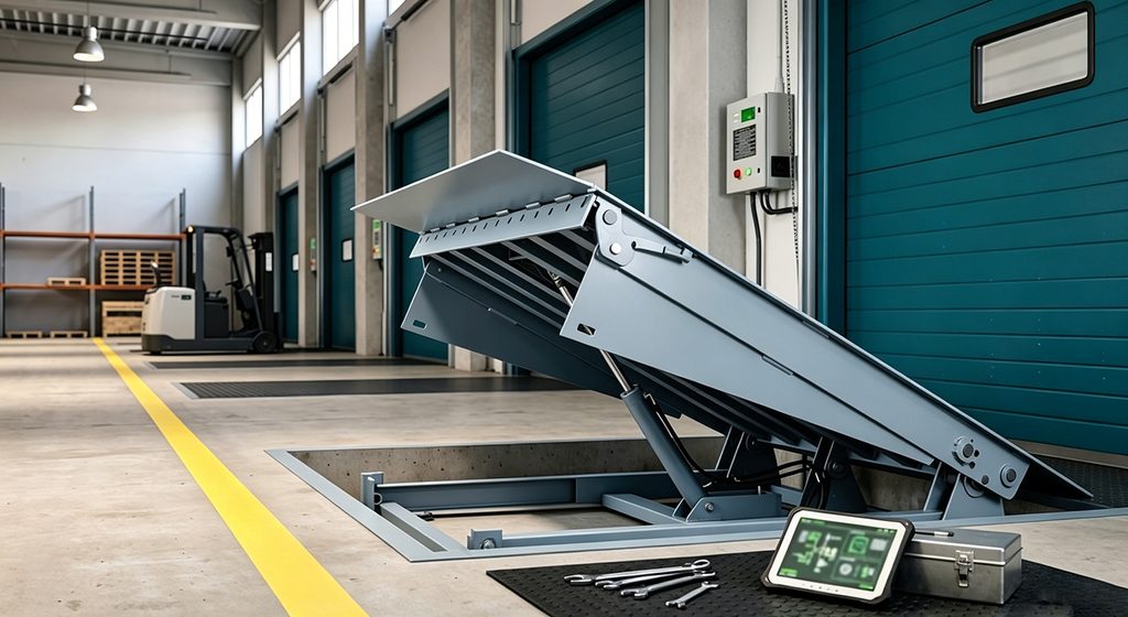 Loading dock leveler steel platform raised in a warehouse bay, showing the hinged deck plate and hydraulic lift mechanism