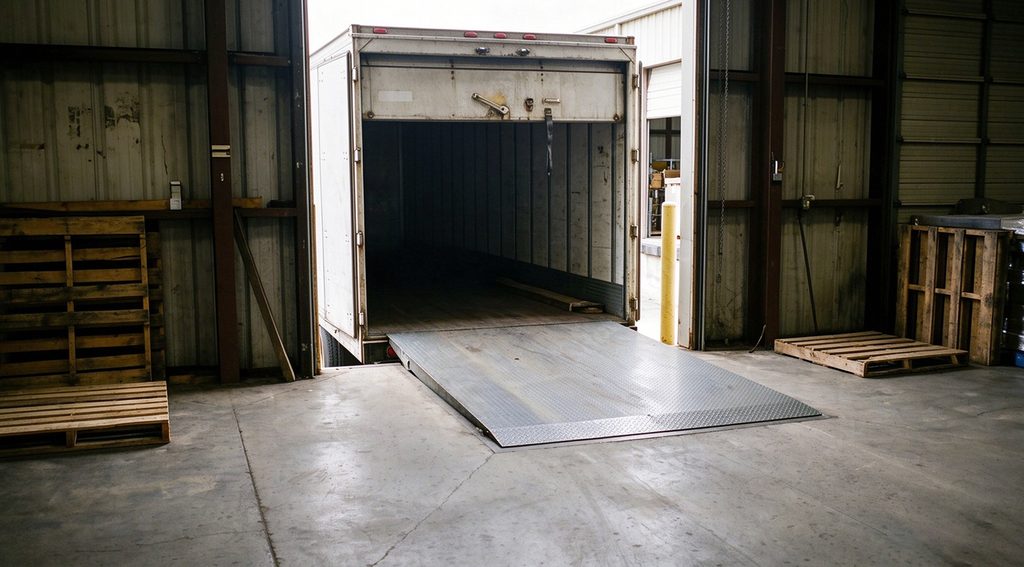 A commercial truck backed up to a warehouse loading dock using a reliable dock leveler for efficient cargo handling.