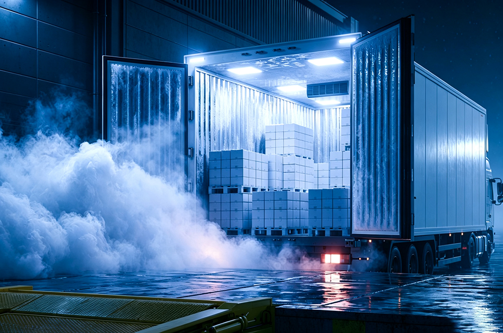 Cold air and condensation forming around an open refrigerated truck trailer at a loading dock, illustrating draft and moisture intrusion through unsealed dock gaps