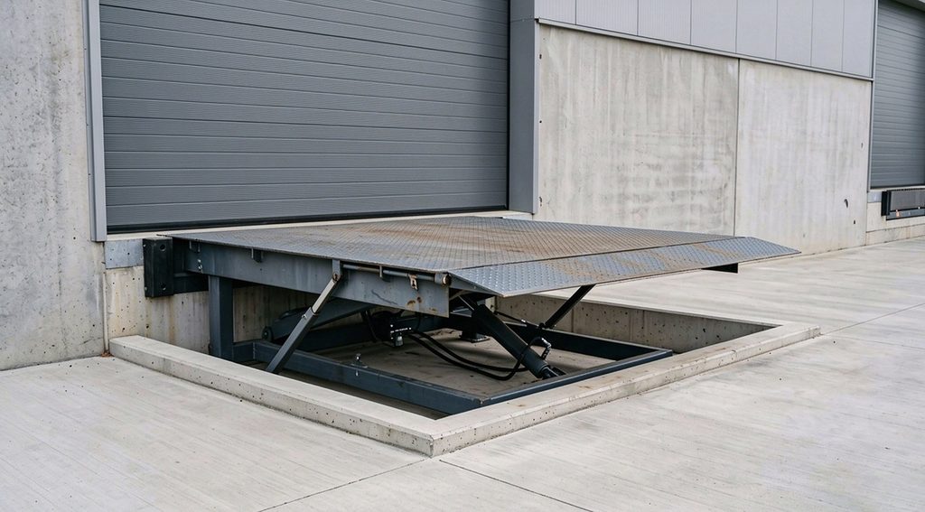 An installed stationary warehouse dock leveler resting in a concrete pit, ready for safe industrial loading dock operations.