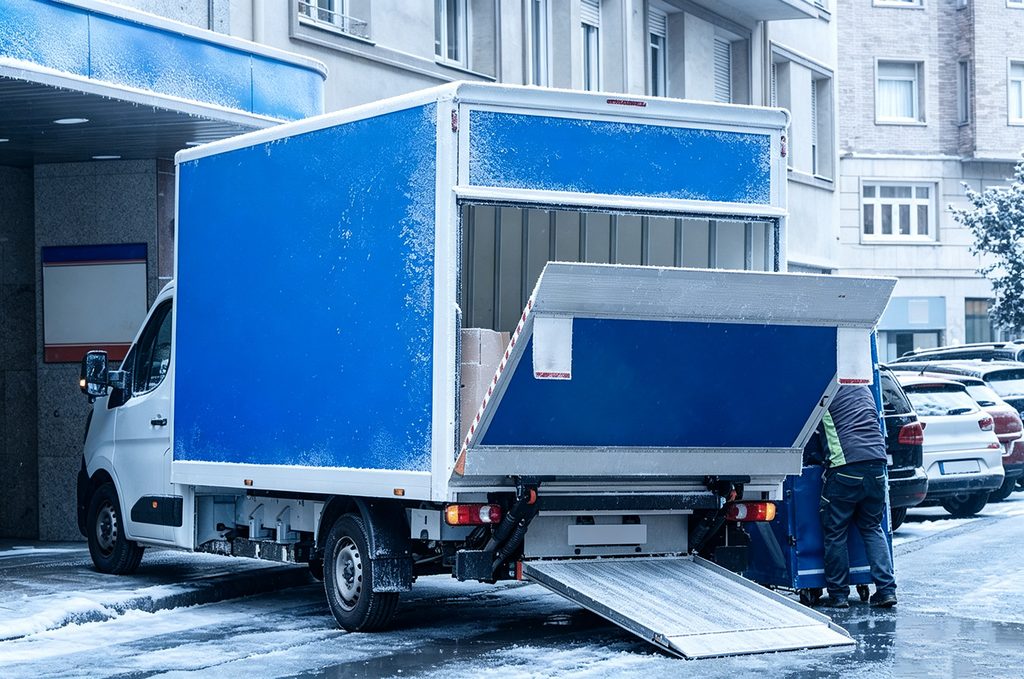 Delivery worker loading a van via tail lift on a frosty winter street