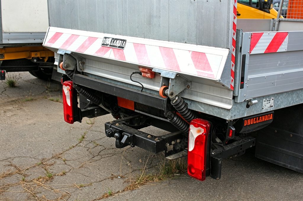 Close-up of a tail lift's hydraulic cylinders and hinge mechanism folded against the rear of a truck