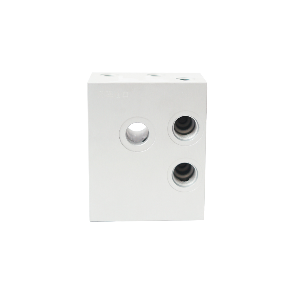 Hydraulic valve block from a tail lift system, containing the relief and check valve ports that control oil flow to the lift cylinder