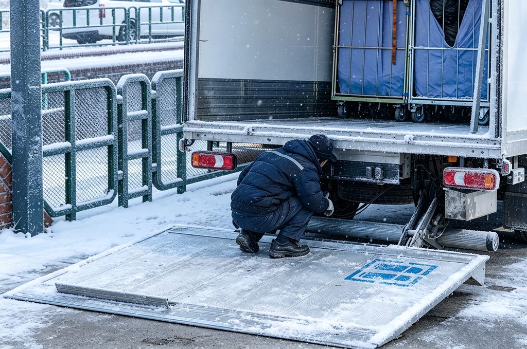 Technician performing a pre-winter tail lift inspection and maintenance check