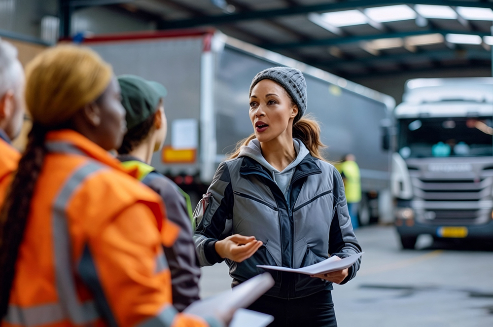 Warehouse team receiving safety training near a delivery truck
