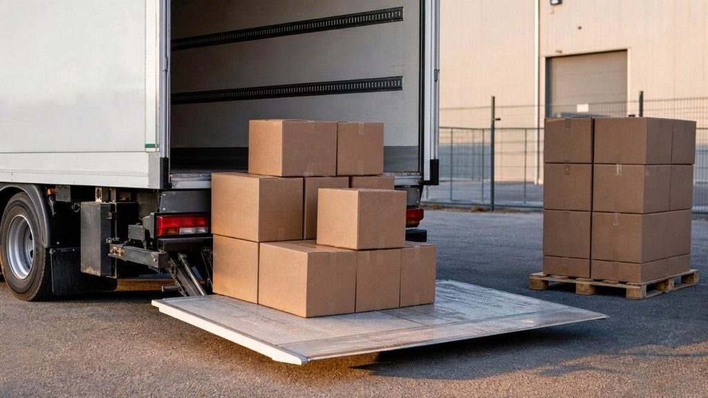 Hydraulic tail lift lowered at truck rear with stacked cardboard boxes ready for loading
