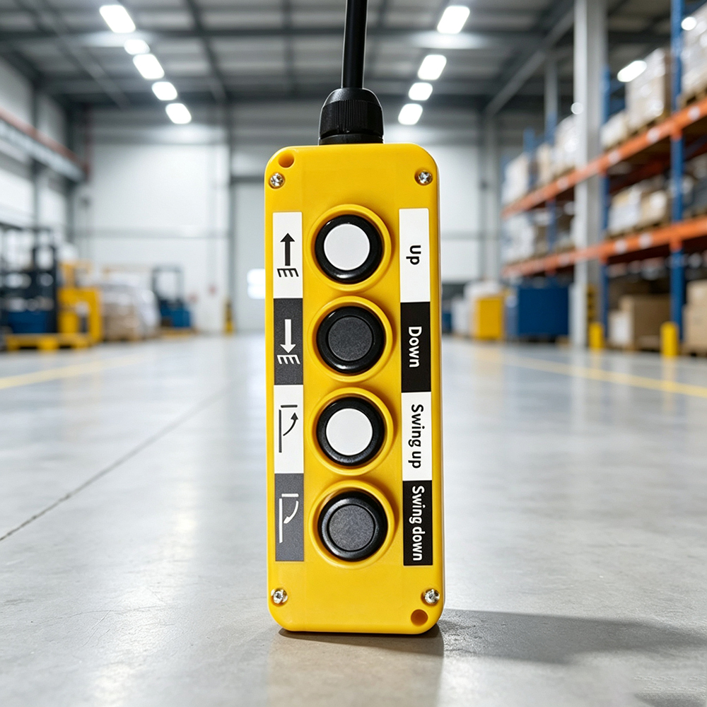 Handheld wander lead control box used to operate a tail lift platform