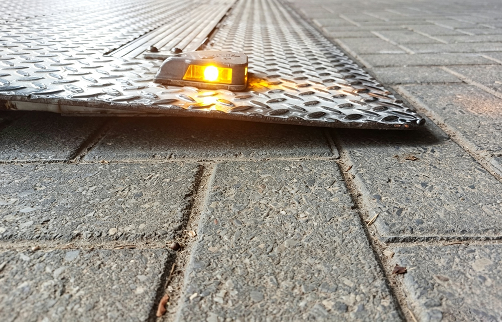 Tail lift platform edge with amber warning light indicator